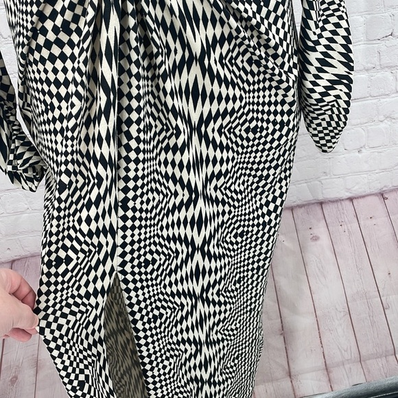 Zara Draped Black White Geometrical Checkered Retro Midi Long Sleeve Dress Small - Picture 7 of 13